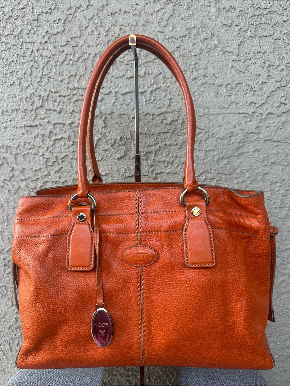Tod's Burnt Orange Pebbled Leather Shoulder Tote